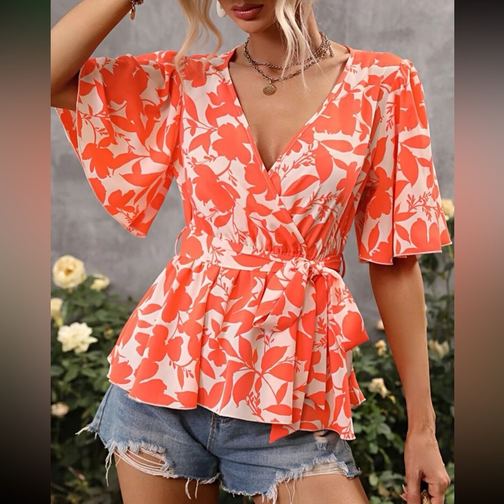 Boho floral print butterfly sleeve belted blouse - Picture 9 of 12